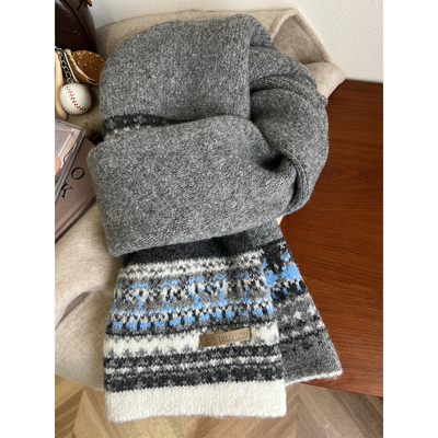 费尔岛风提花针织毛线围巾女冬季