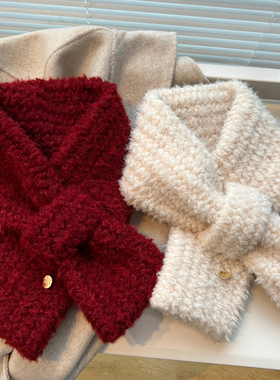 韩系氛围感红色羊羔绒毛毛短款小围巾女学生冬季保暖交叉毛绒围脖