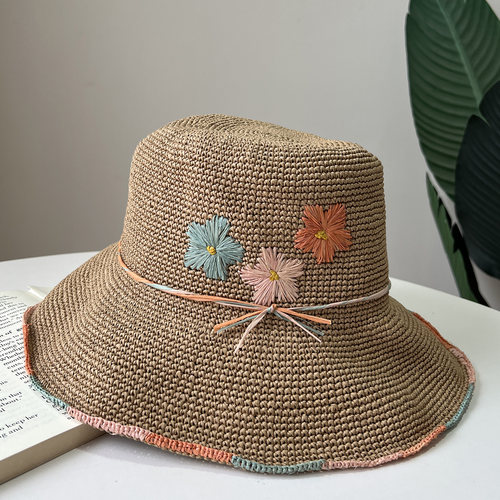 手工钩花细草渔夫帽女夏季大檐帽