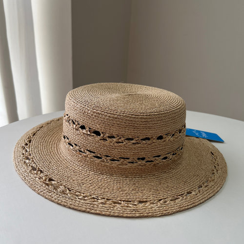 100%拉菲草手工镂空防晒平顶草帽