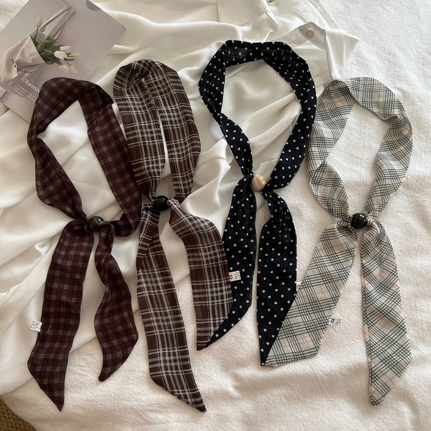 高级感韩系穿搭串珠丝巾项链女春夏百搭细窄长条领巾绑发挂脖配饰