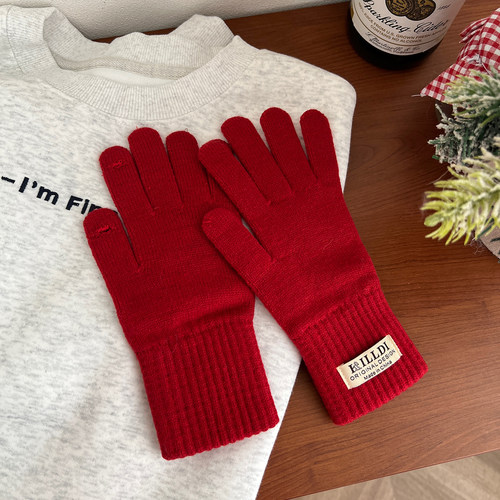 红色针织五指手套漏指可触屏保暖