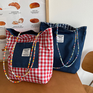 美式 复古格子牛仔帆布包百搭通勤托特包两面可用单肩包女2025新款