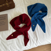 蓝色红色100%wool羊毛小领巾女外搭秋冬韩系小围巾护颈围脖三角巾