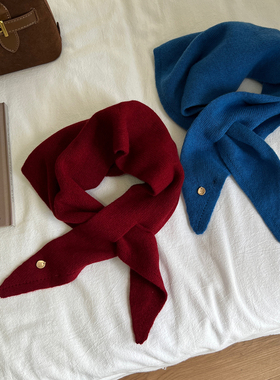 蓝色红色100%wool羊毛小领巾女外搭秋冬韩系小围巾护颈围脖三角巾