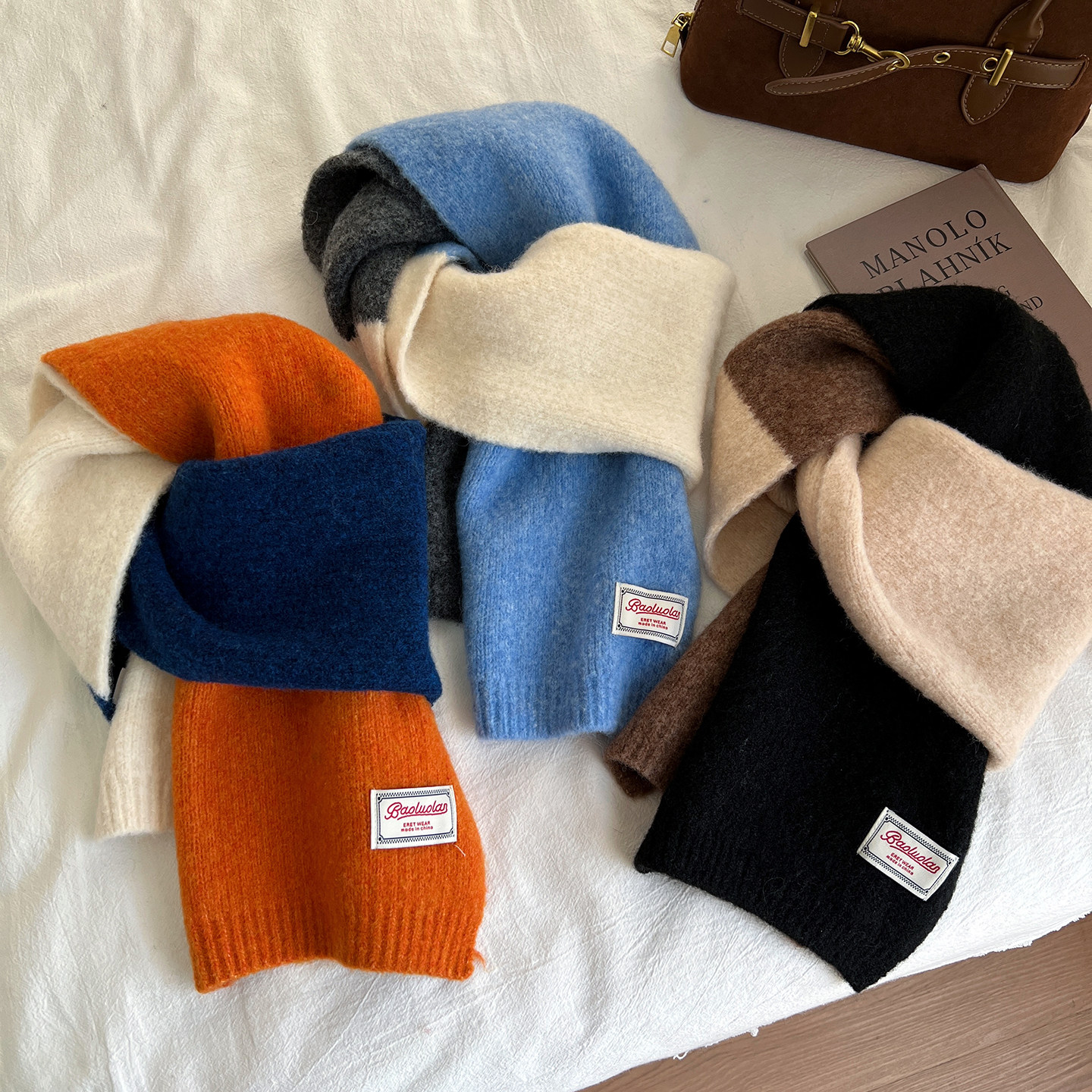 韩国时髦撞色羊毛围巾女冬季加厚保暖百搭软糯针织围脖学生情侣款