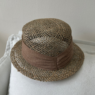 巴拿马法式 透气遮阳度假海边草编平顶帽 镂空咸海草小檐礼帽女夏季