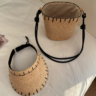 进口拉菲草包包帽子女夏季 户外遮阳空顶草帽海边度假风沙滩单肩包