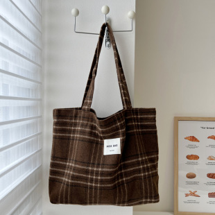 秋冬新款 女包 毛呢格子单肩包大容量手提包托特包复古百搭通勤时尚