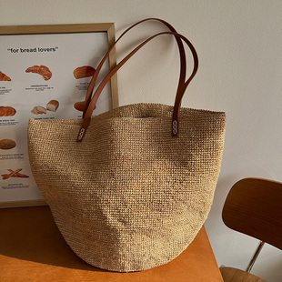 100%拉菲草手工编织包法式 度假风单肩手提包简约休闲大容量托特包