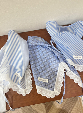 蓝色系~条纹格子三角头巾女韩国包头发巾法式蕾丝花边绑发丝巾