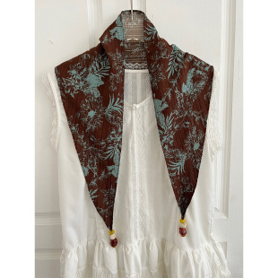 复古印花串珠三角丝巾披肩女夏季 高级感系脖配饰领巾腰巾叠穿屁帘