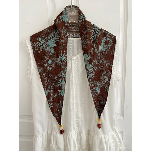 复古印花串珠三角丝巾披肩女屁帘