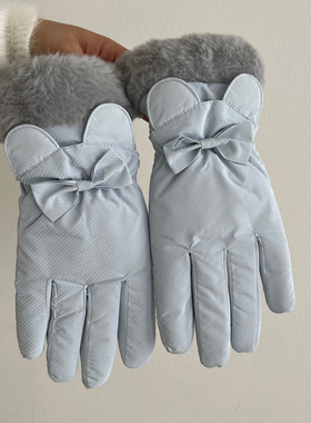 蓝色手套女冬季可爱蝴蝶结毛绒棉手套骑车防风加绒保暖可触屏防水