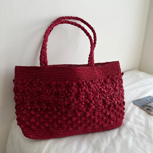 天然拉菲草手工钩花编织包女夏季 沙滩手提包水桶包大容量单肩草包
