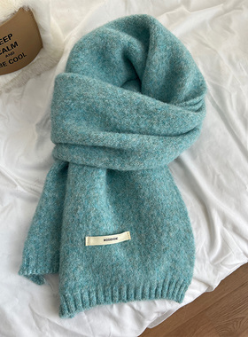 软糯含羊毛纯色围巾女冬季氛围感保暖围脖韩版学生百搭显白湖蓝色