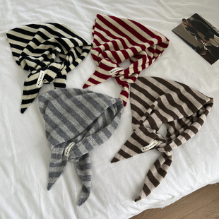 韩系简约风条纹三角巾女秋冬学生保暖护颈围脖多功能纯羊毛小围巾