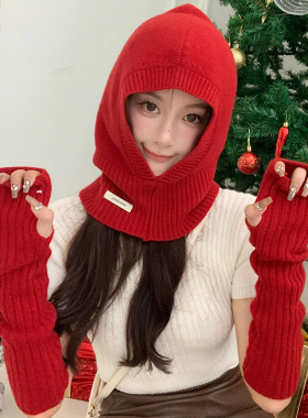 红色两件套羊毛拉法帽袖套针织保暖圣诞过年礼物护耳毛线帽子围脖