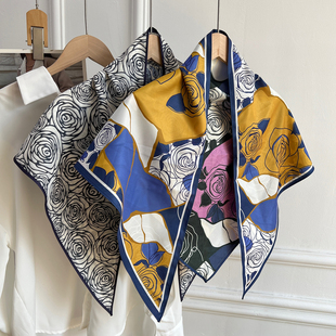 中国风双面印花丝巾三角巾高级感衬衣装 饰领巾护颈小披肩顺滑质感