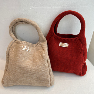 韩系针织小拎包秋冬收纳百搭ins博主迷你纯色毛线包手提包女配饰