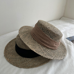 轻奢平沿法式 绑带草帽女夏天透气宽檐礼帽显脸小沙滩度假草编织帽