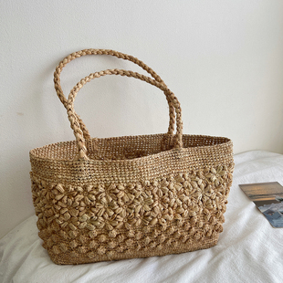 法式 度假沙滩草编包大容量单肩包 复古手工钩花拉菲草手提包女夏季