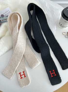 韩国细窄长条小围巾女2024秋冬新款黑色Y2K造型针织毛线小围脖ins