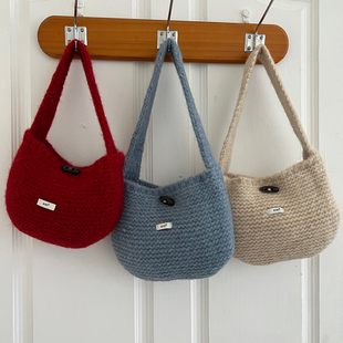 ins博主同款 秋冬韩系牛角扣小标手拎包百搭针织小手提包毛线包包