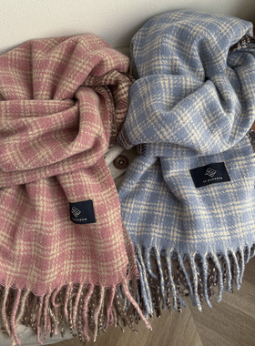 蓝色粉色格纹围巾女款冬季时尚百搭高级感流苏围脖双面仿羊绒披肩