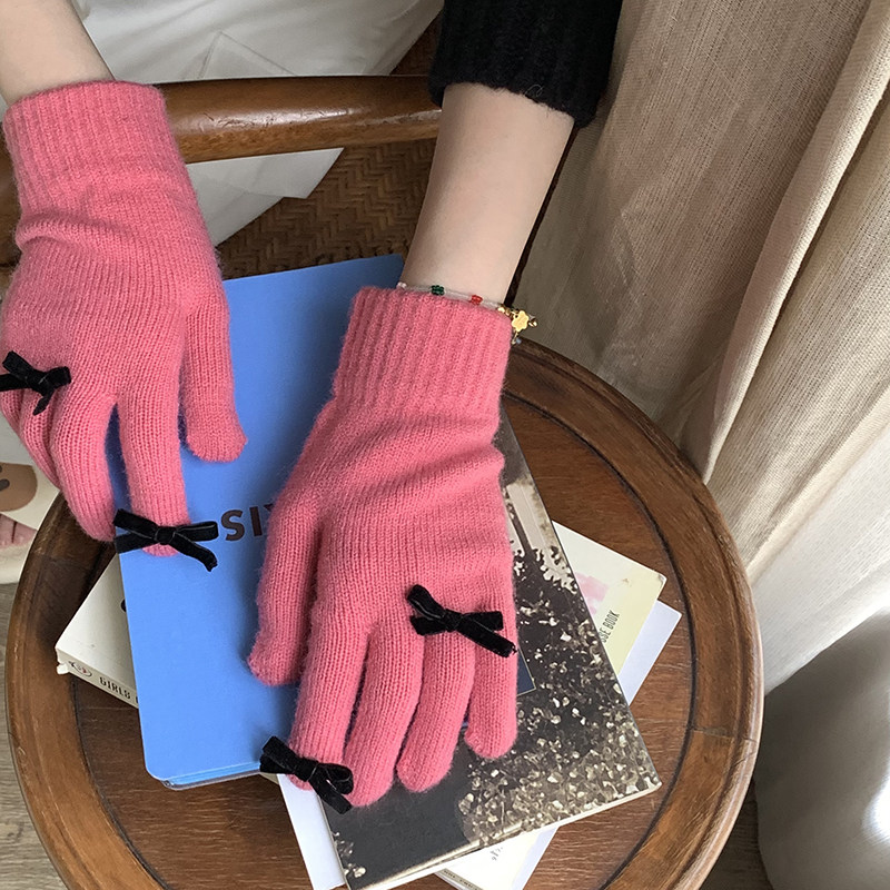 蝴蝶结手套女冬季甜美保暖可触屏毛线手套全指学生骑行漏指玩手机