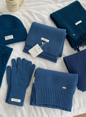 高级感蓝色系羊毛围巾帽子手套女秋冬保暖针织围脖韩系情侣款送礼