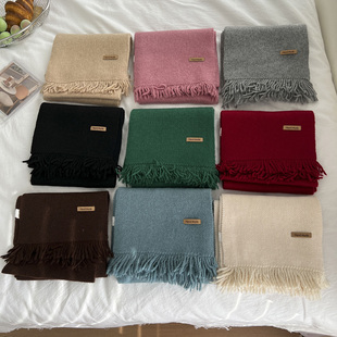围脖保暖情侣款 韩国ins复古皮标流苏围巾女冬季 百搭纯色羊绒窄版