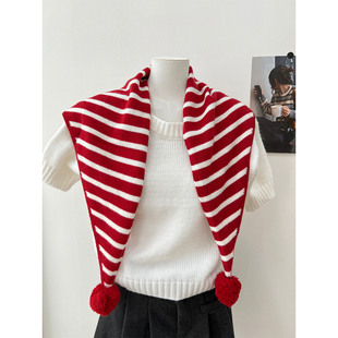 韩系条纹针织毛球外披复古三角巾围巾女冬季保暖百搭装饰披肩围脖