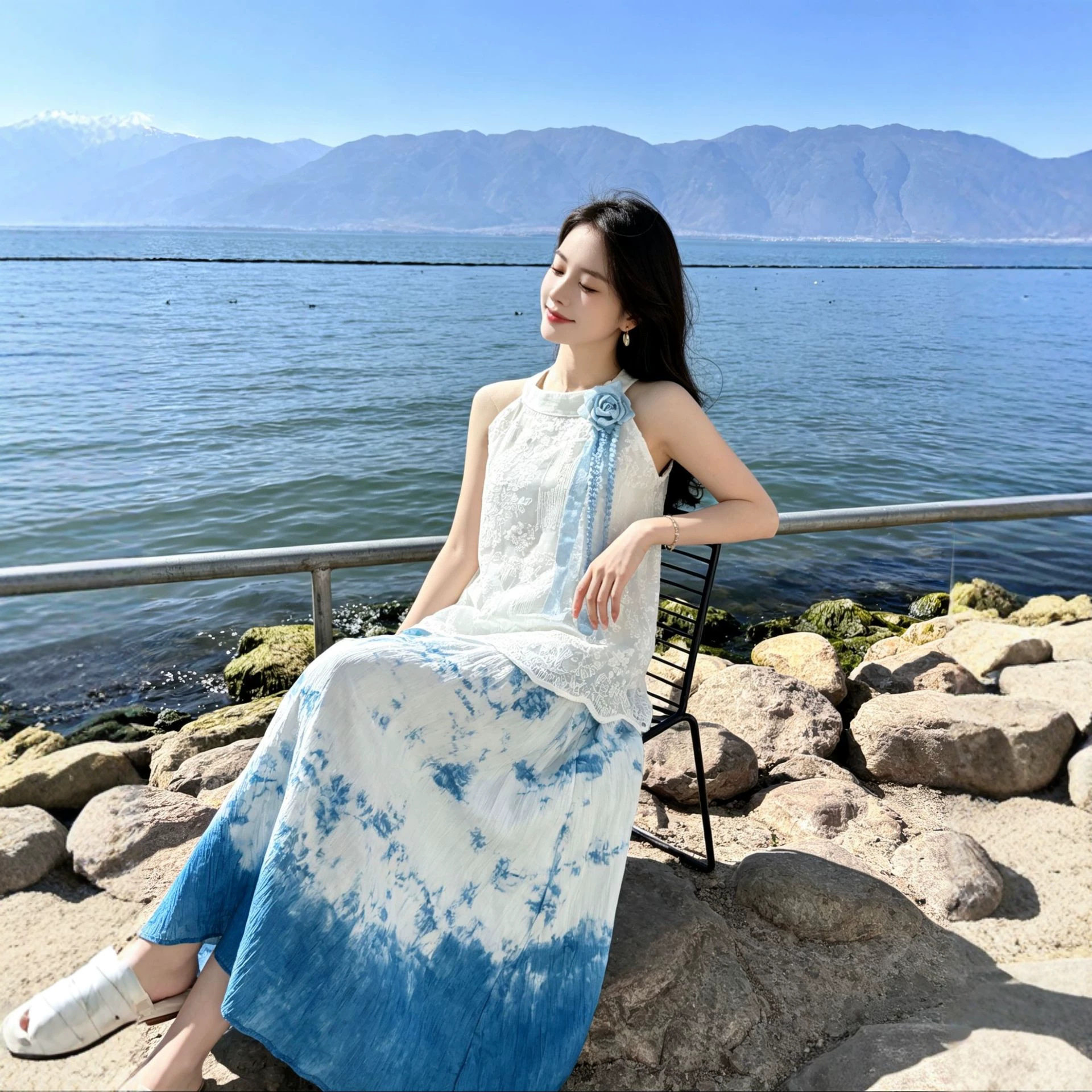 云南大理蓝白扎染吊带长裙