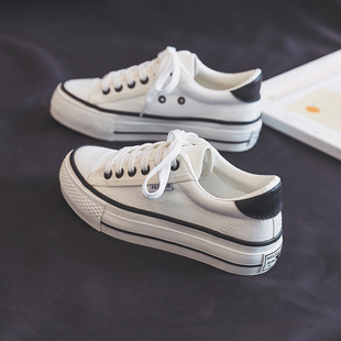 厚底帆布鞋女2025春季新款平底低帮小白鞋学生百搭休闲白色布鞋子
