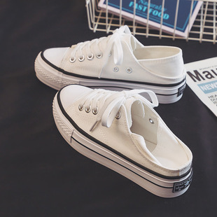 2025春夏新款一鞋两穿厚底半拖帆布鞋女韩版百搭一脚蹬懒人鞋子潮