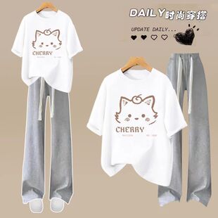 套装夏季新款短袖盐系清新学生可爱宽松休闲阔腿T恤两件套