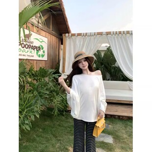慵懒风白色露肩长袖T恤女装春季蝙蝠袖休闲防晒罩衫辣妹宽松上衣