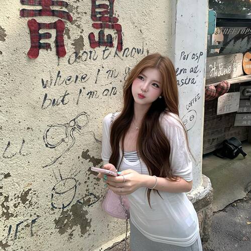 正肩中袖T恤挂脖真两件套女上衣