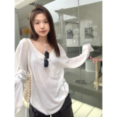 T恤女春夏慵懒风宽松显瘦休闲百搭温柔上衣 防晒罩衫 白色薄款 长袖