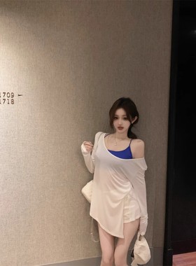 白色薄款露肩长袖T恤女夏季宽松不规则开叉辣妹休闲防晒罩衫上衣