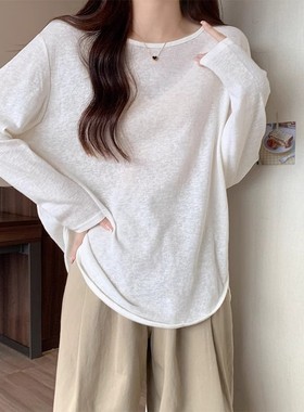 白色防晒衫长袖t恤女夏季2024新款宽松显瘦圆领内搭薄款打底上衣