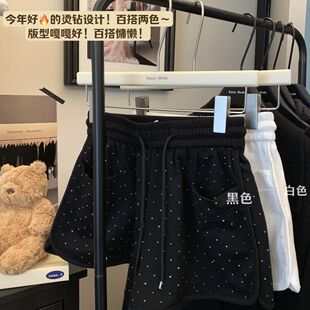 黑色设计感小众烫钻热裤休闲裤女夏季高腰宽松运动裤阔腿裤短裤子