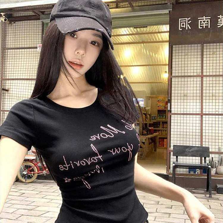 韩系修身显瘦烫钻字母短袖T恤女2025夏季新款辣妹风短款正肩上衣