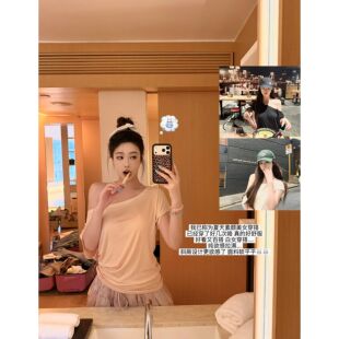 设计感纯色气质斜肩短袖T恤女装夏季纯欲感宽松收腰显瘦休闲上衣