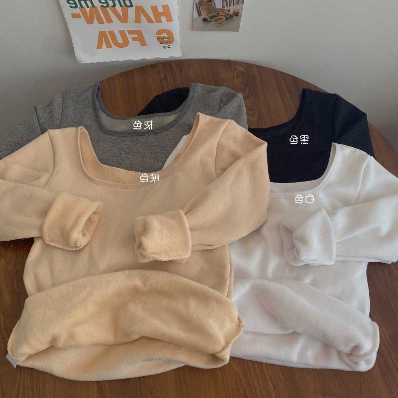 T恤女装秋冬加绒加厚u领紧身内搭打底衫白色长袖保暖上衣2025新款