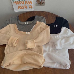 T恤女装秋冬加绒加厚u领紧身内搭打底衫白色长袖保暖上衣2025新款