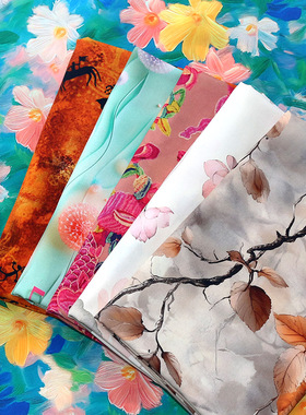 油墨画数码人造棉布料夏季绿色田园花朵印花棉绸布家居服睡衣面料