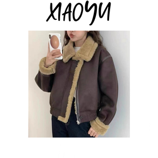 新【蛋皮毛一体夹克】韩单eg翻领羊羔毛外套机车风百搭洋气短外套