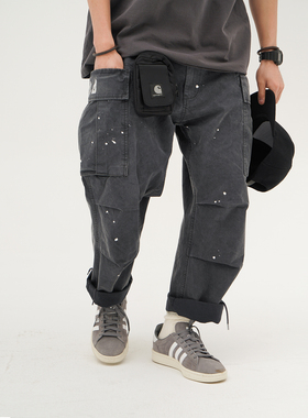 714street 日系复古水洗硫化染旗舰工装裤宽松泼墨刺绣抽绳休闲裤